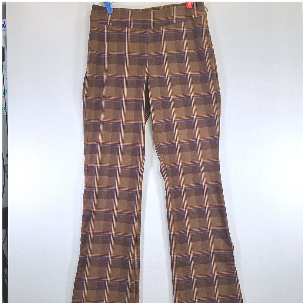 Cato Brown Plaid Flare Pants Women Size 8 Mid Rise Stretch Trouser Retro Preppy